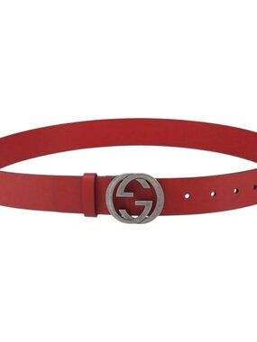 GUCCI Interlocking G Belt Leather 42.9" Red Silver